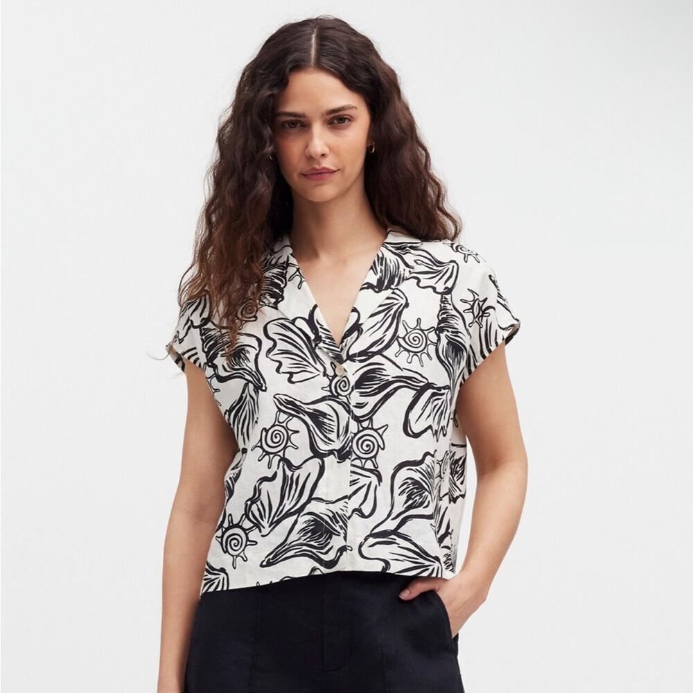 Madewell 100% Linen Boxy Cap-Sleeve Shirt in Lighthouse Print Sz S NEW